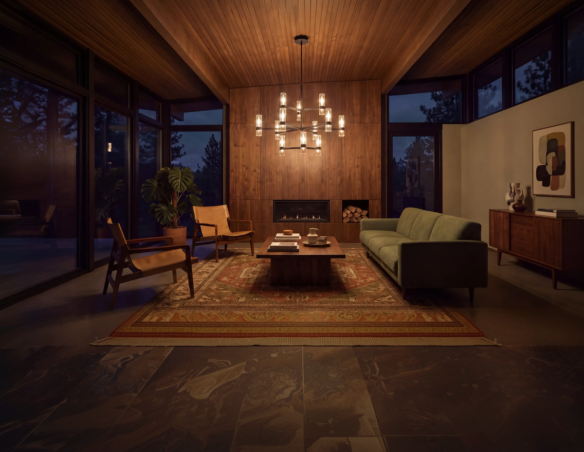 Evening living room with a chandelier, fireplace, and sofa